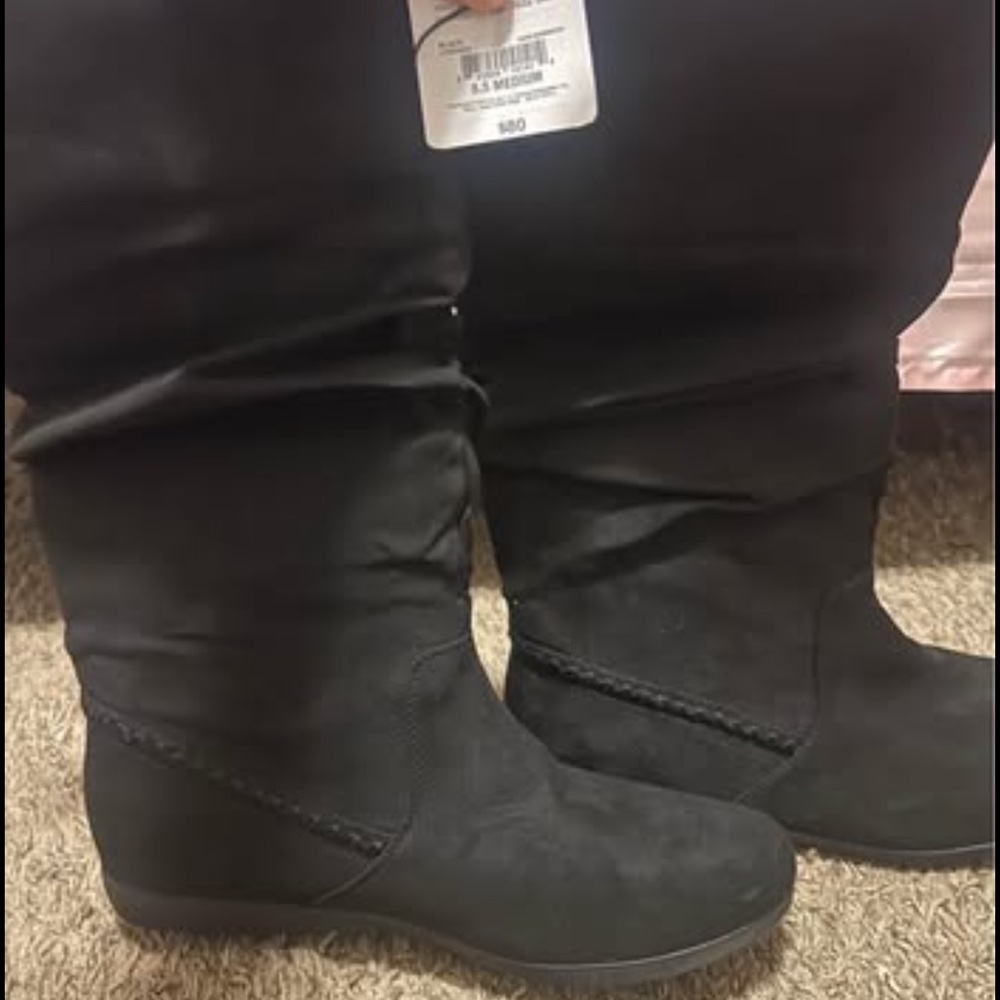 St. John's Bay Black Mid-Calf Wedge Boots with Braided Accent